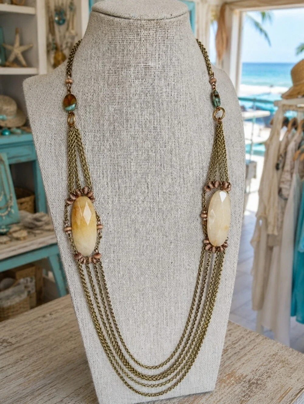 Rachel Reinhardt Extra Long Quadruple Strand Gold Tone Glass Stone Necklace EUC